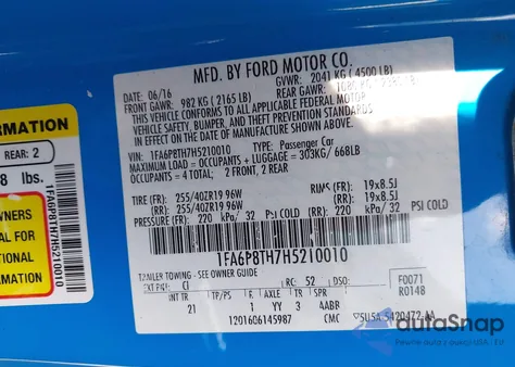2017 Ford Mustang Ecoboost from USA, damaged, VIN 1FA6P8TH7H5210010